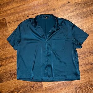Express Dark Teal Satin Button Down Short Sleeve Pajama Lounge Shirt Size L